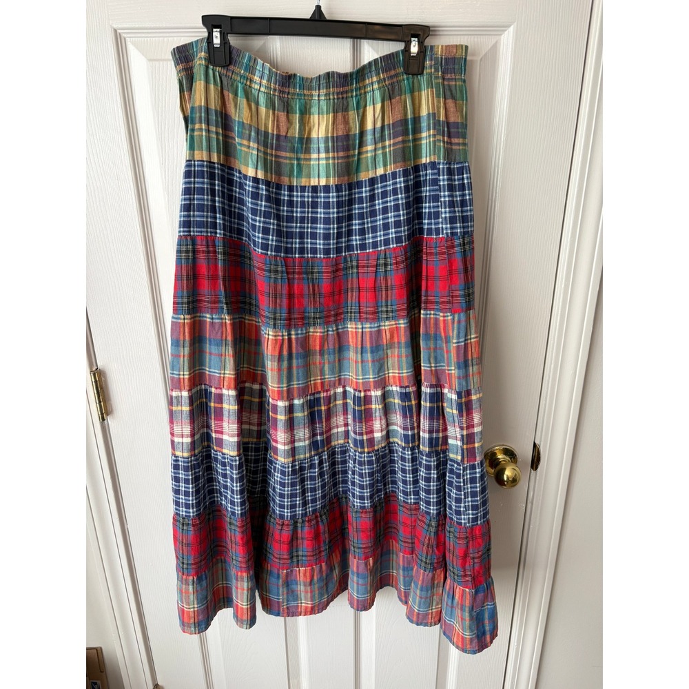 Carole Little Plaid Maxi Skirt Womens 14 Multi Good Tiered Patchwork Cotton
